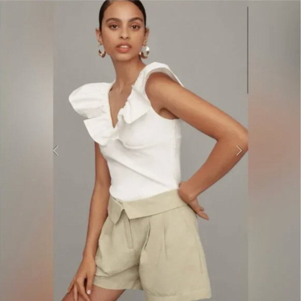 NWT Anthropologie | Dolan | White Knit Ruffle V-Neck Preppy Neutral Top, XL